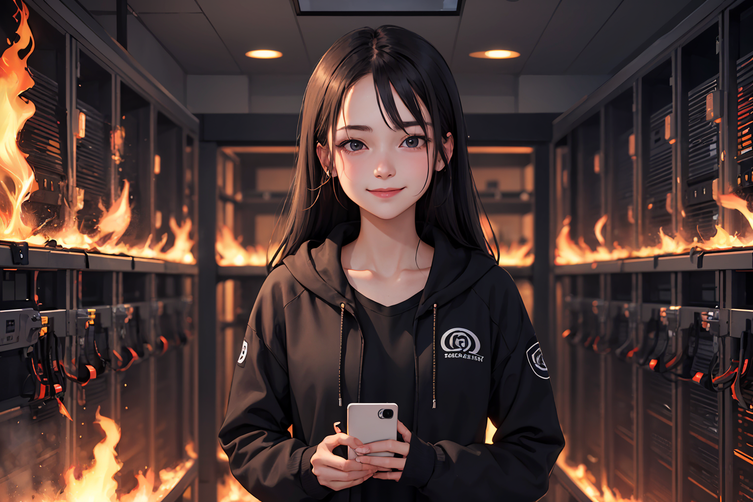 01835-1085574690-girl smiling, black eyes, looks mysteriously into the camera, burning server room.png